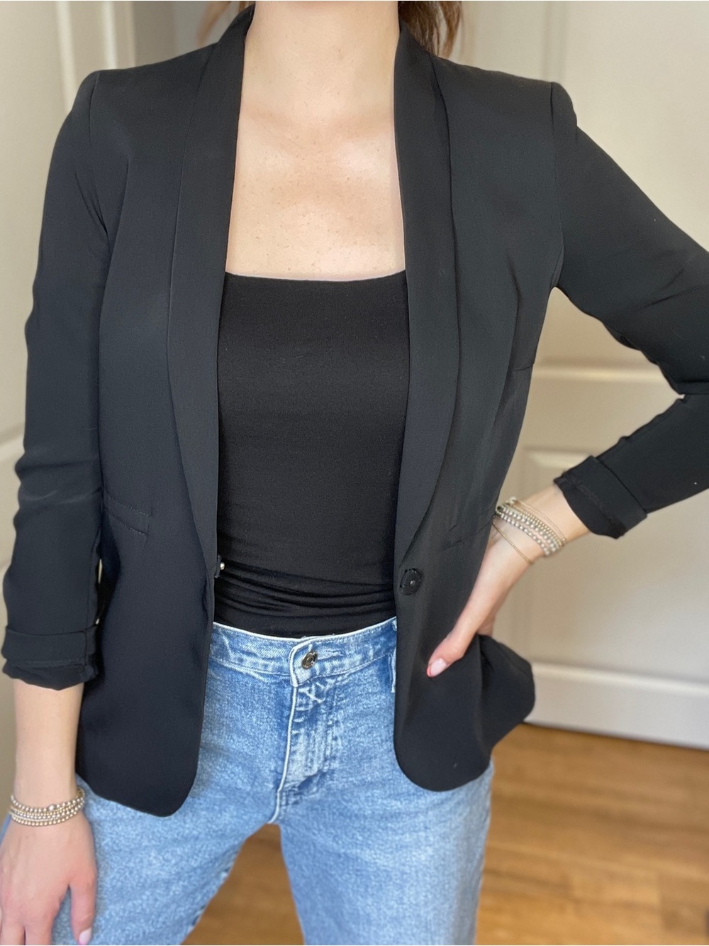 H&M Black Slim-Fit Blazer with Shawl Lapel